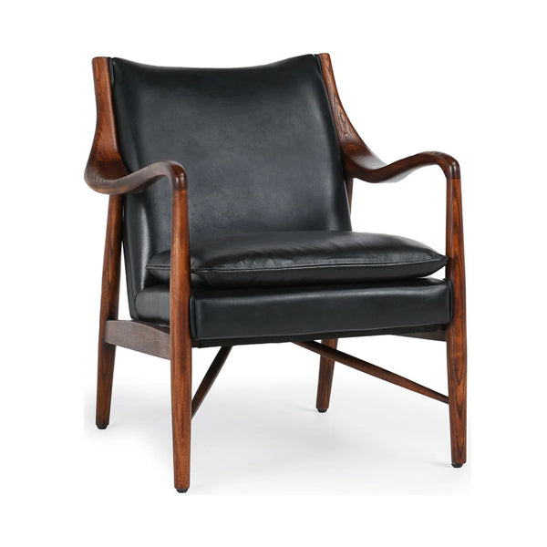 Curved Wood & Black Leather Chair