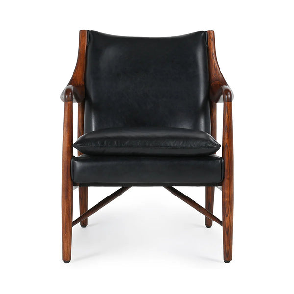 Curved Wood & Black Leather Chair