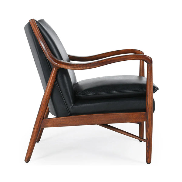 Curved Wood & Black Leather Chair