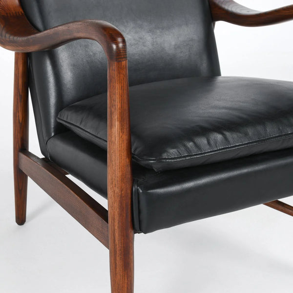 Curved Wood & Black Leather Chair