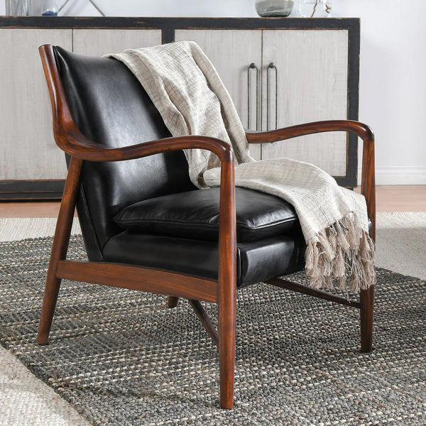 Curved Wood & Black Leather Chair