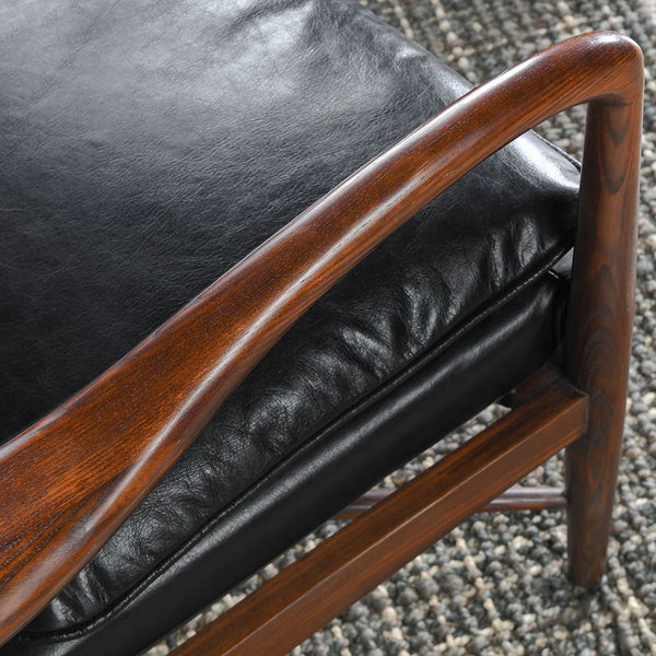Curved Wood & Black Leather Chair