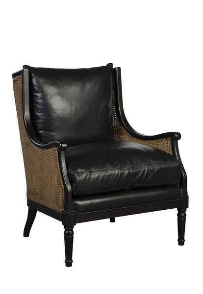 Oak, Rattan & Black Leather Chair
