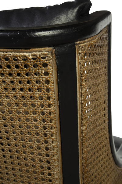 Oak, Rattan & Black Leather Chair