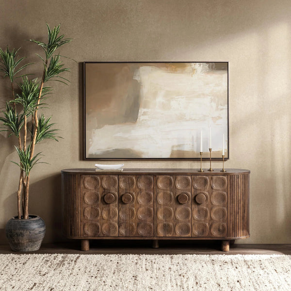 Carved Mid-century Modern 4 Door Cabinet