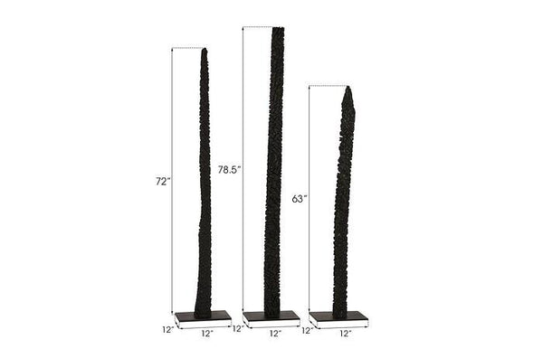 Set of 3 Charred Black Wood Post Sculptures