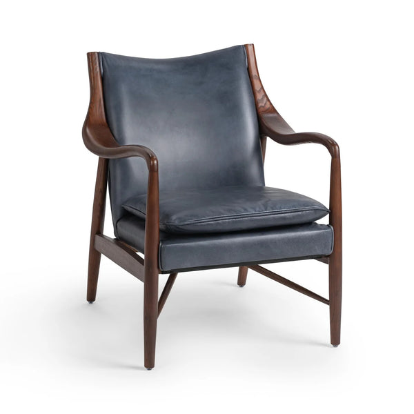 Curved Wood & Blue Leather Chair