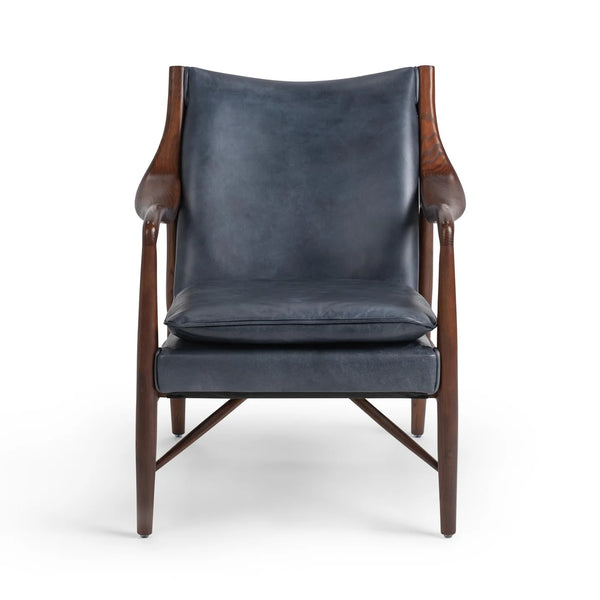 Curved Wood & Blue Leather Chair