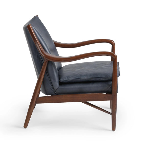 Curved Wood & Blue Leather Chair