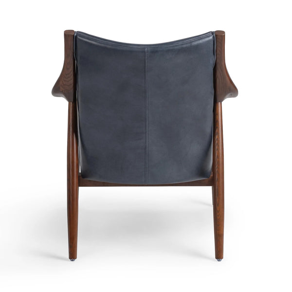 Curved Wood & Blue Leather Chair