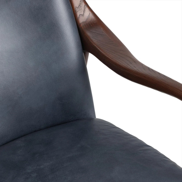 Curved Wood & Blue Leather Chair