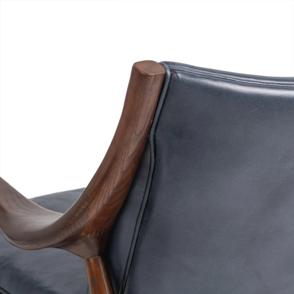 Curved Wood & Blue Leather Chair