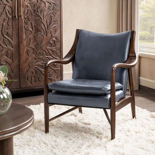 Curved Wood & Blue Leather Chair