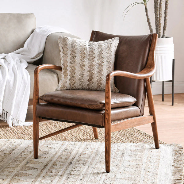 Curved Wood & Brown Leather Chair