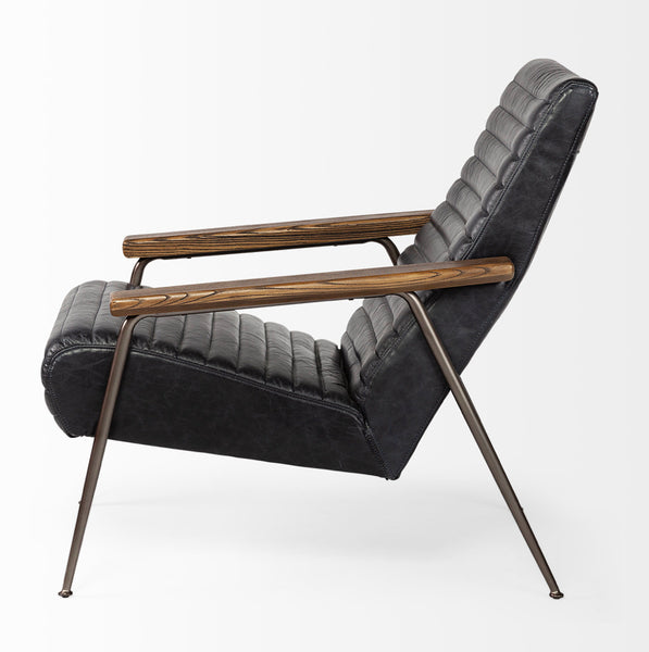 Black Leather & Wood Arm Chair