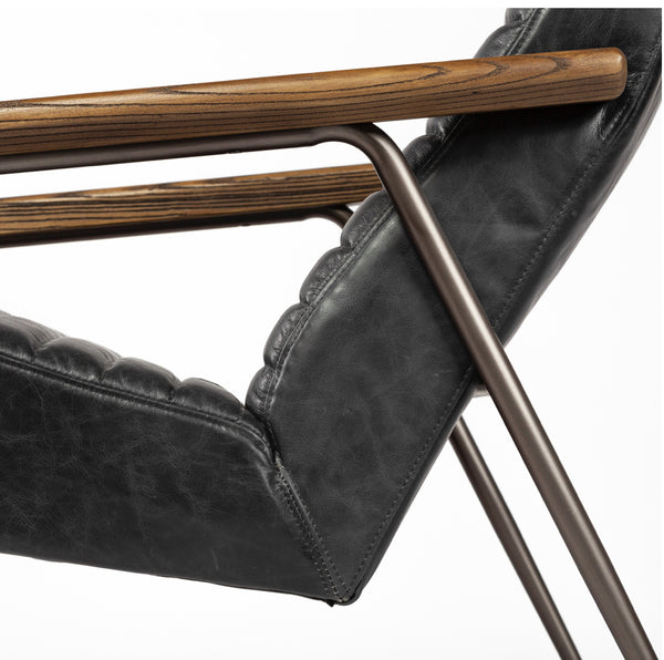 Black Leather & Wood Arm Chair
