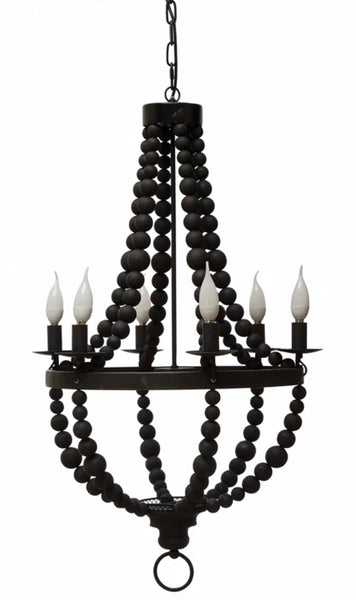 6 Light Black Wood Bead Chandelier