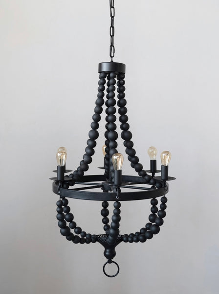 6 Light Black Wood Bead Chandelier