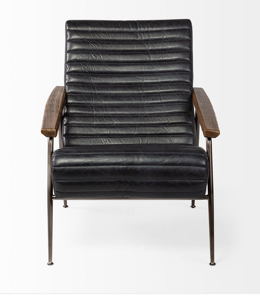 Black Leather & Wood Arm Chair