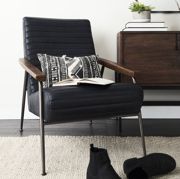Black Leather & Wood Arm Chair